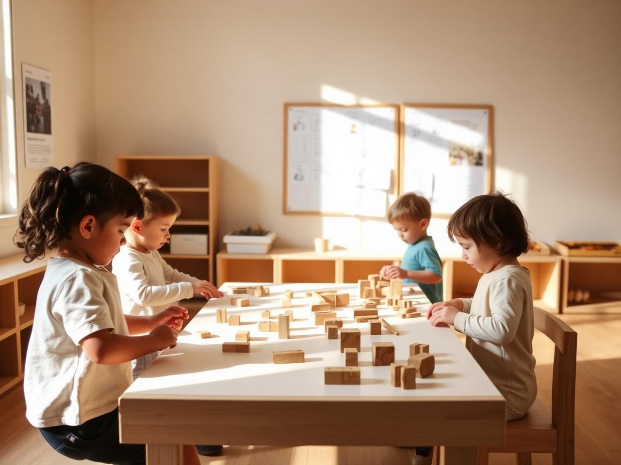 Enfants explorant des matériaux naturels dans un atelier d'inspiration Reggio Emilia